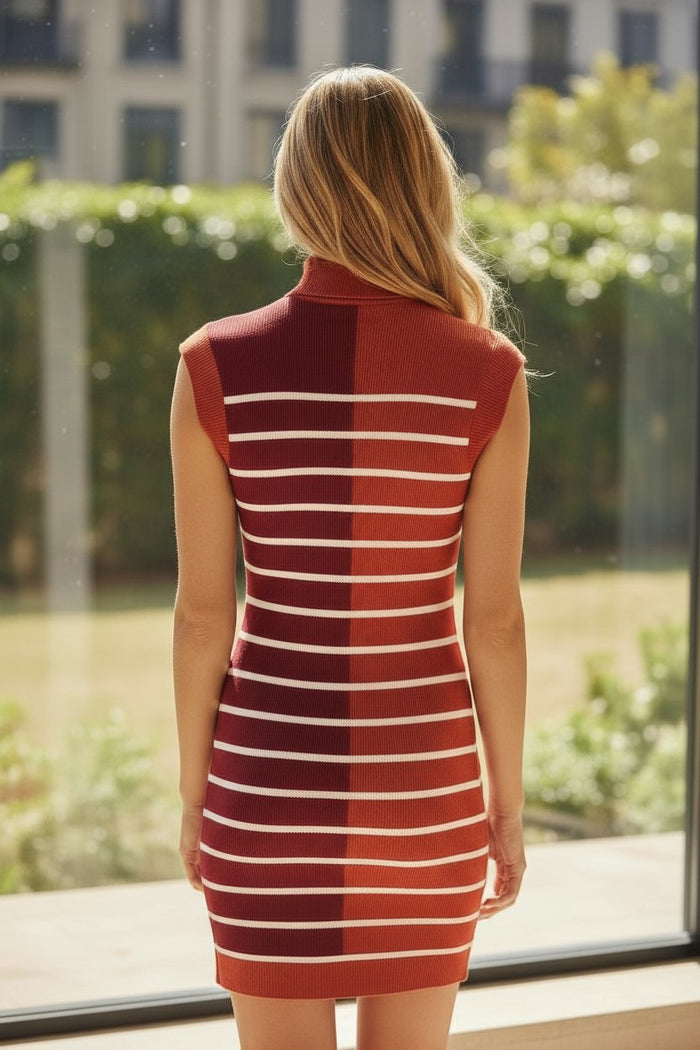 Robe pull marron à rayures et blocs de couleurs avec col zippé et manches courtes
