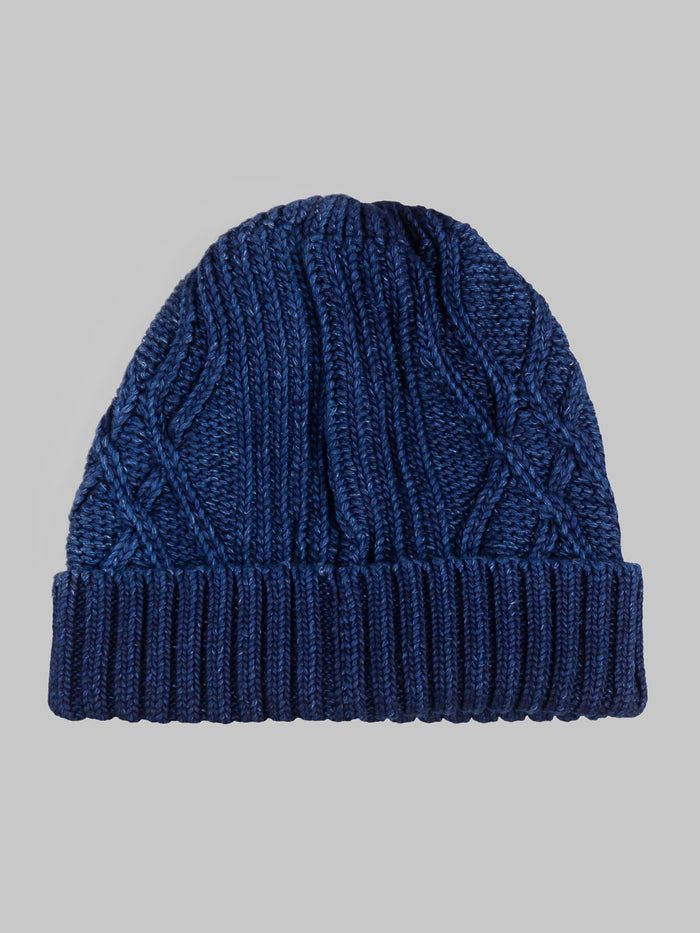 Rototo Aran Cable Indigo Watch Cap Dark Denim merino wool back