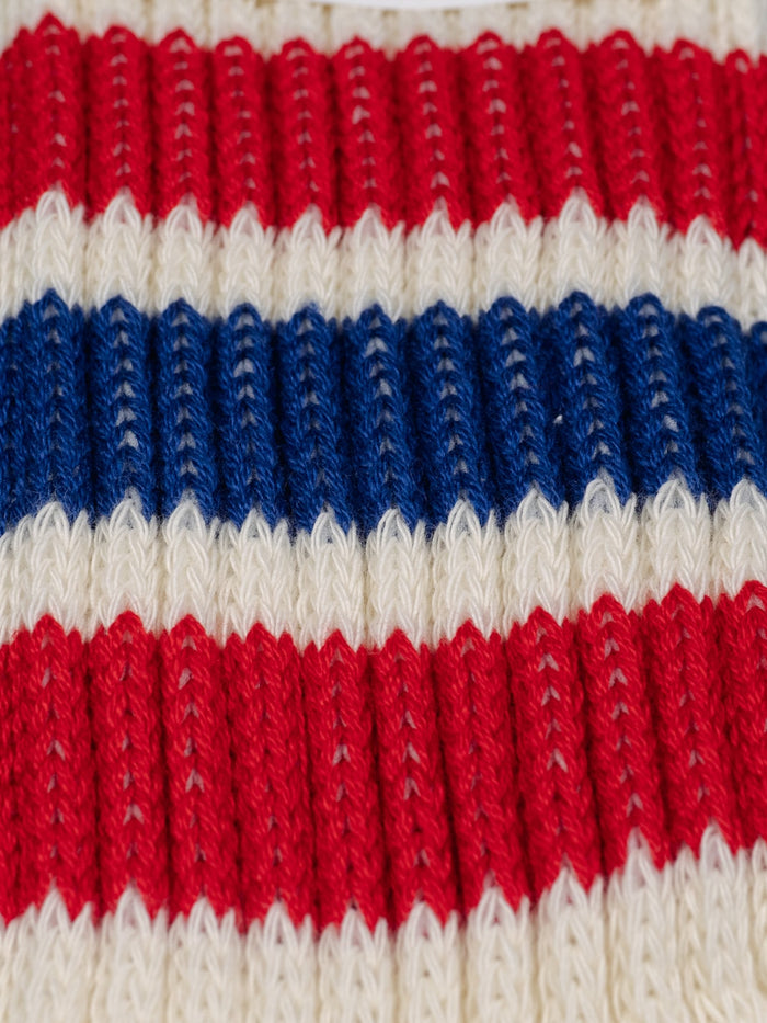 rototo coarse ribbed oldschool crew socks chili red blue soft fabric closeup
