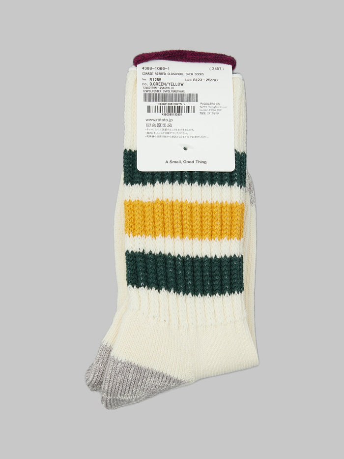 rototo coarse ribbed oldschool crew socks dark green yellow  back label details