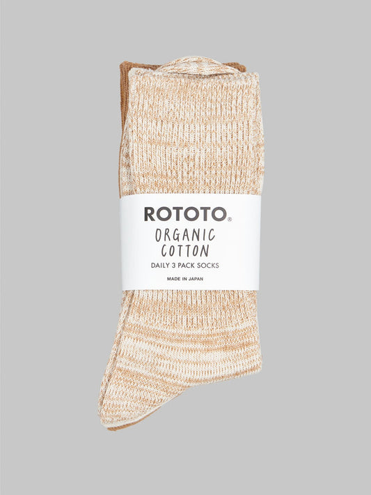 rototo organic daily 3 pack ribbed crew socks ecru brown