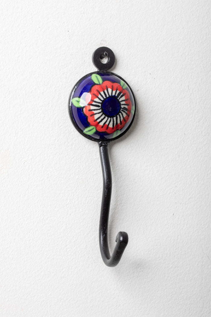 Round ceramic tile hook in blue