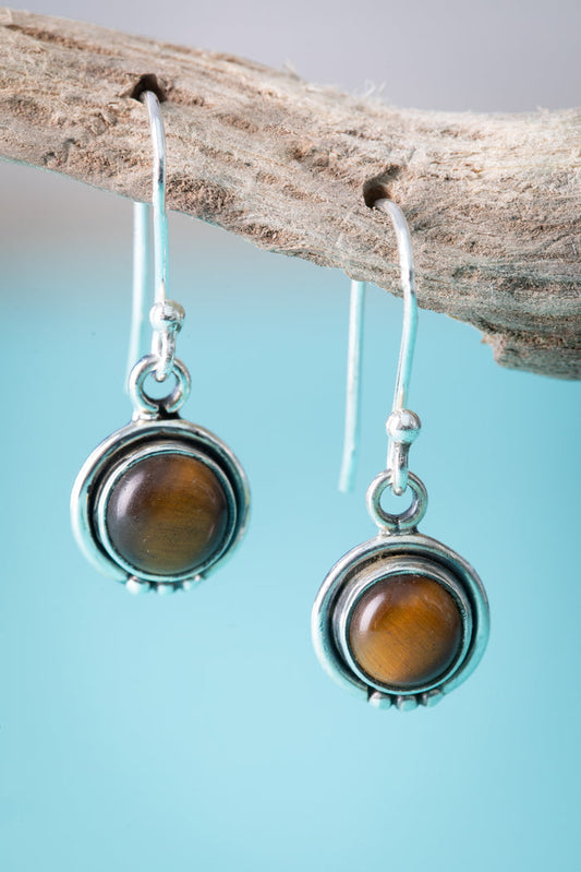 round gemstone silver drop earrings