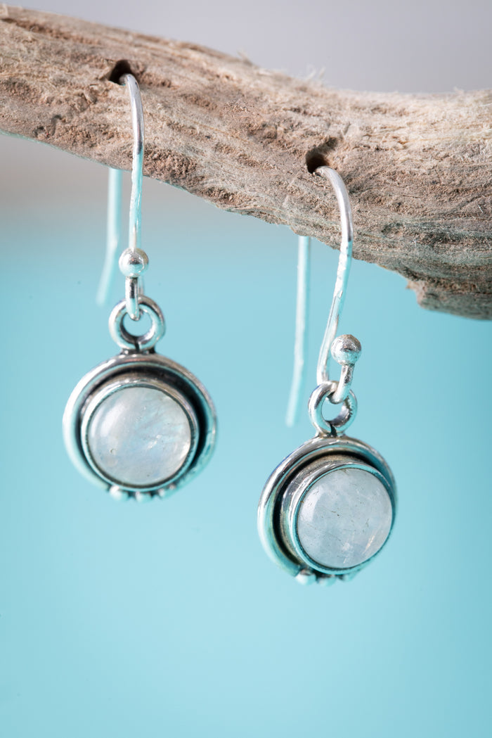 round gemstone silver drop earrings