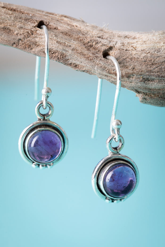 round gemstone silver drop earrings