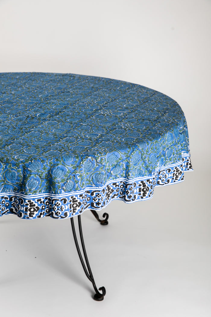 Round block print tablecloth in bluebell