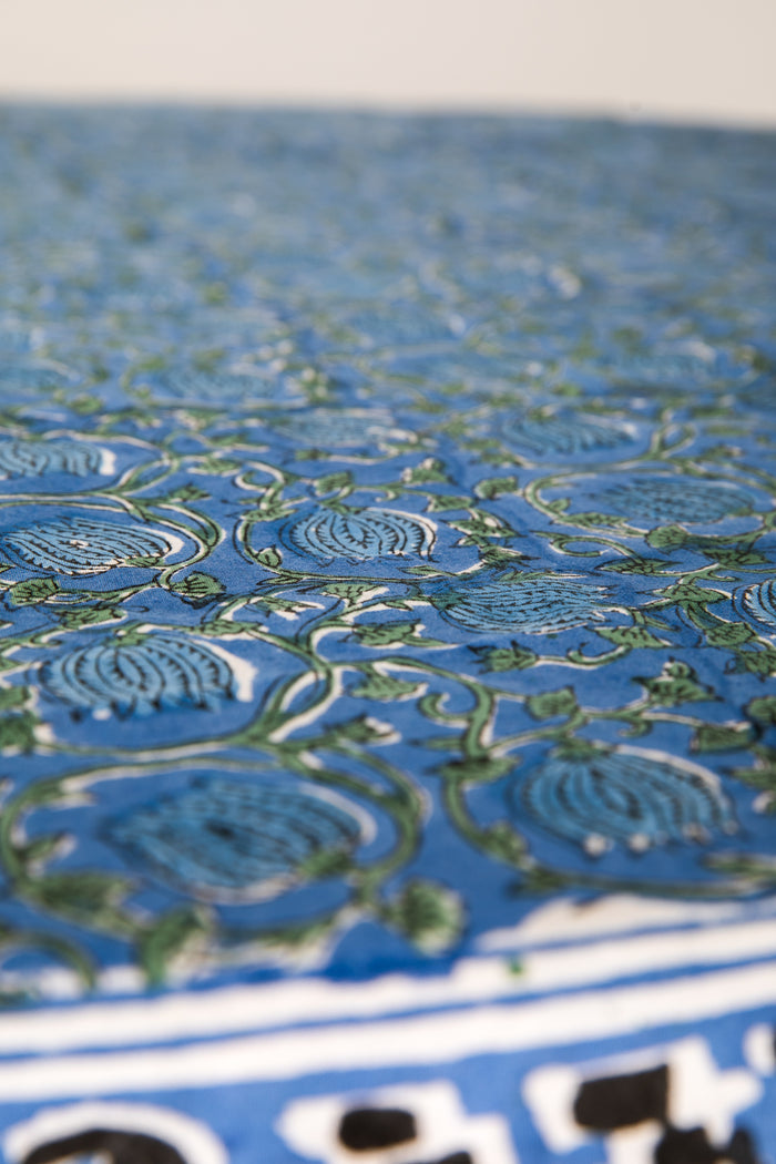 Round block print tablecloth in bluebell