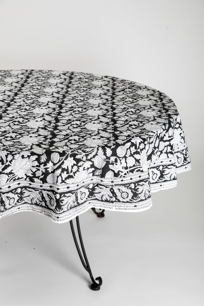 Round block print tablecloth in monochrome grove