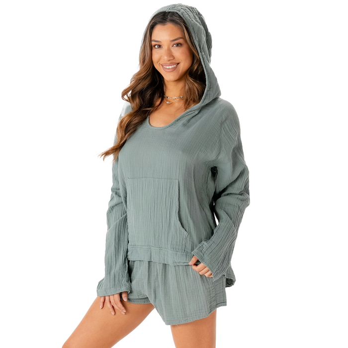 Sage Baja Pullover, three-quarter view, hood up