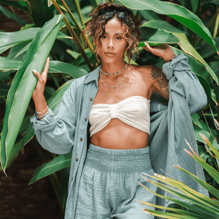 Sage Boyfriend Button Up, worn in foliage
