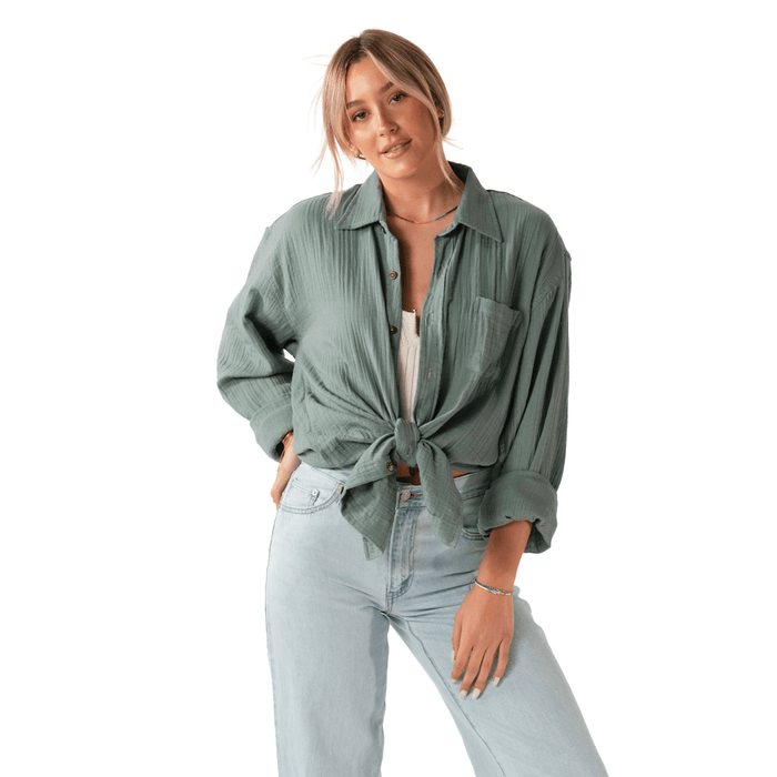 Sage Boyfriend Button Up, worn knotted at waist
