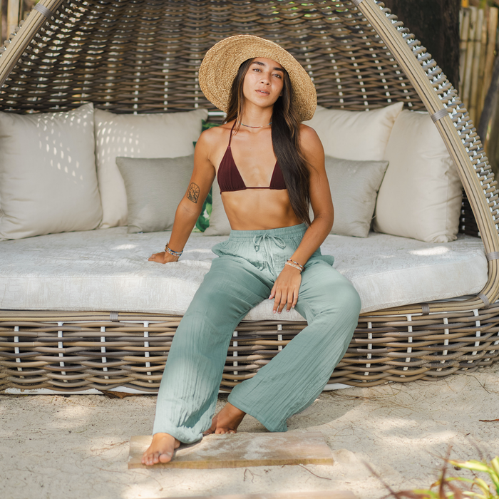 Sage Cotton Cabana Pants, worn seated