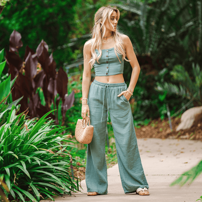Sage Cotton Cabana Pants, worn in garden