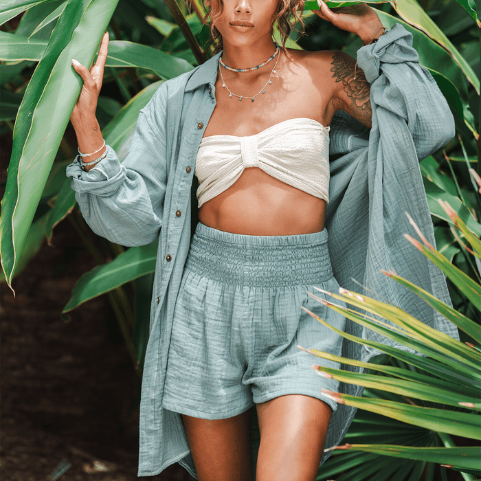 Sage Cotton Shorts, worn in foliage