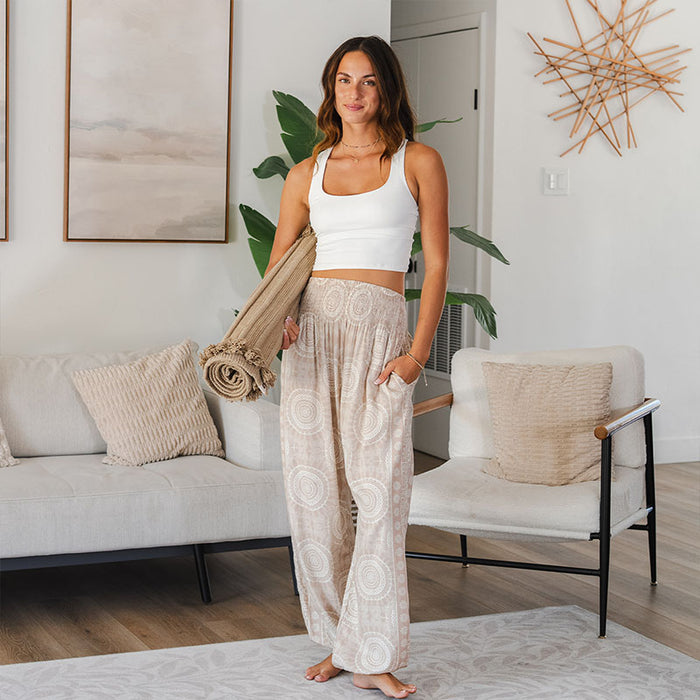Sahara Harem Pants, worn with yoga mat