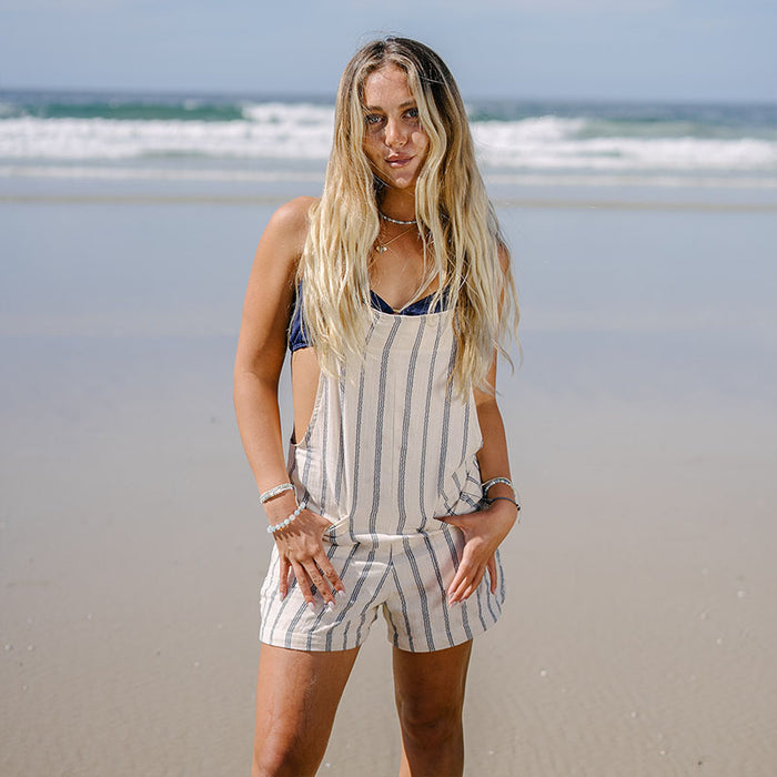 Sailor Stripe Boardwalk Romper, worn on the beach