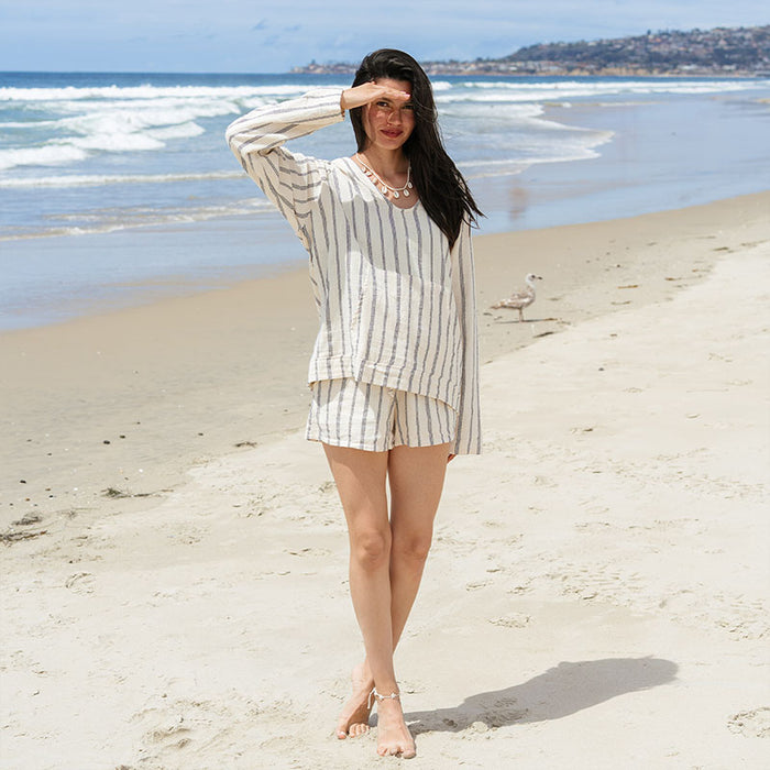 Sailor Stripe Cotton Cabana Shorts, worn as matching set on the beach