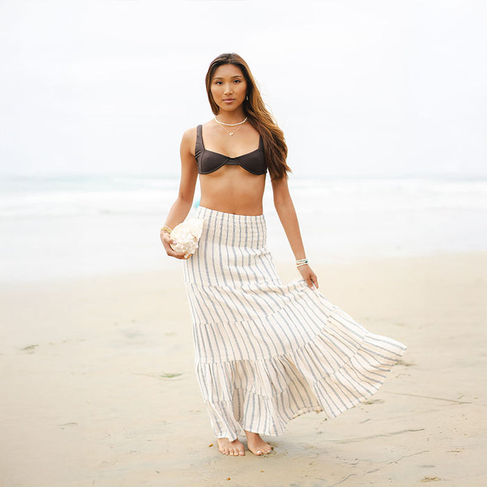 Sailor Stripe Sundrift Skirt, worn on the beach
