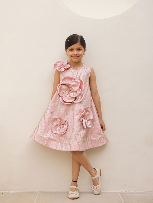 Sale  Blush Pink Satin Flower Appliqu Party Dress