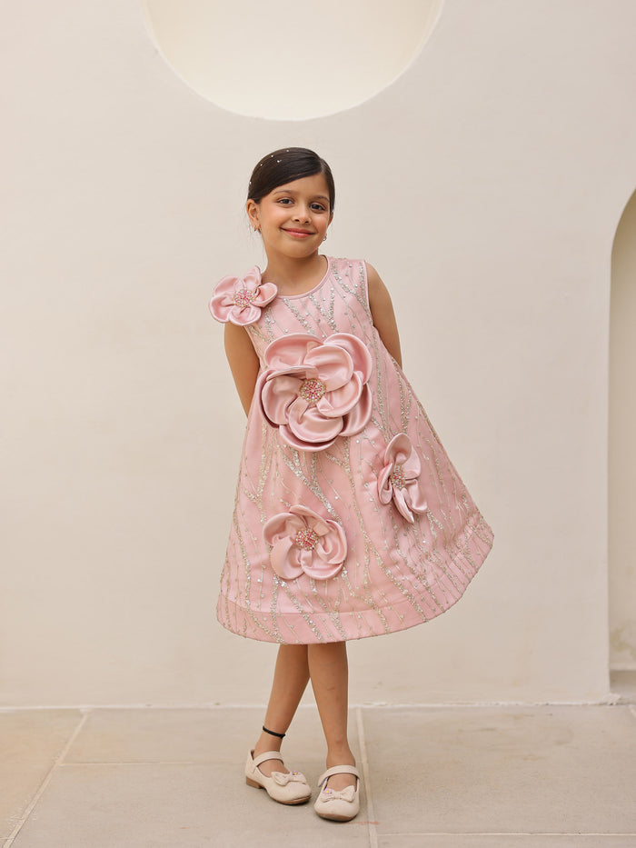Sale  Blush Pink Satin Flower Appliqu Party Dress