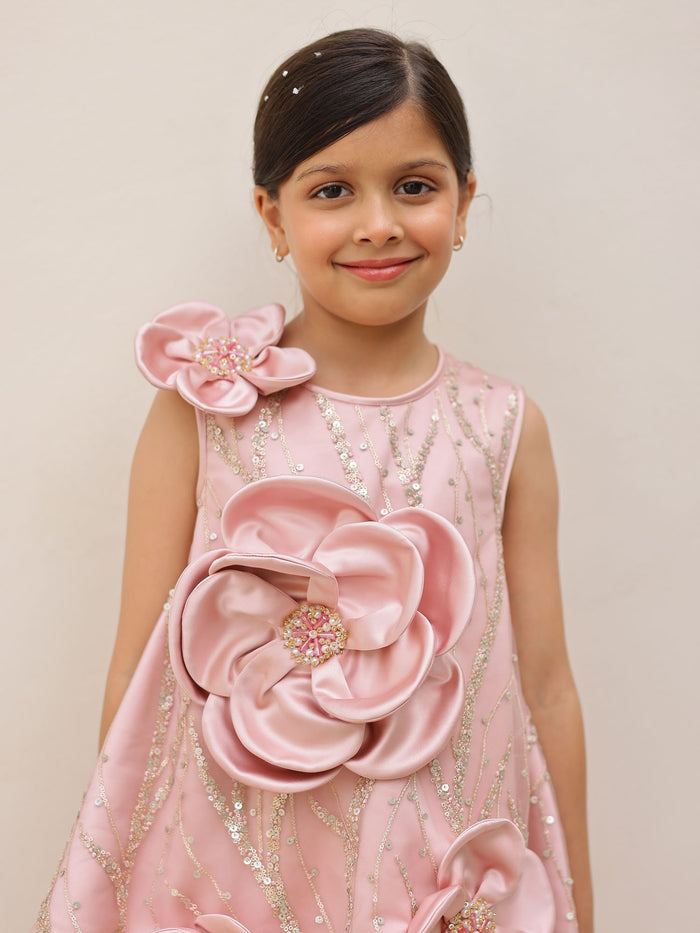 Sale  Blush Pink Satin Flower Appliqu Party Dress