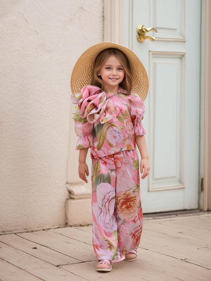 Sale JANAYAS CLOSET: Peach Flower Printed Co-Ord Set for Girls