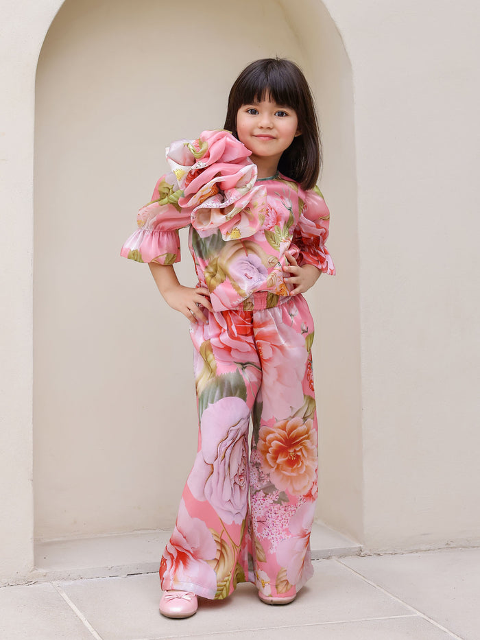 Sale JANAYAS CLOSET: Peach Flower Printed Co-Ord Set for Girls
