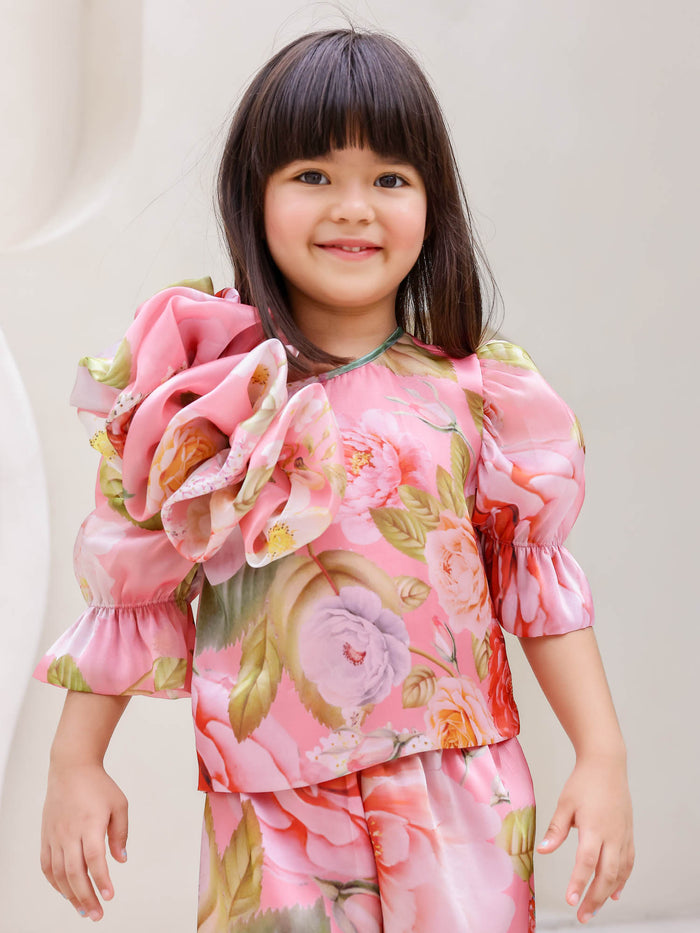 Sale JANAYAS CLOSET: Peach Flower Printed Co-Ord Set for Girls