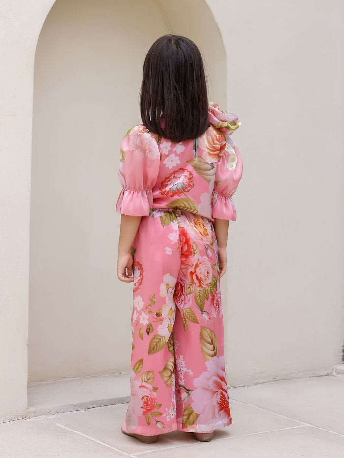 Sale JANAYAS CLOSET: Peach Flower Printed Co-Ord Set for Girls