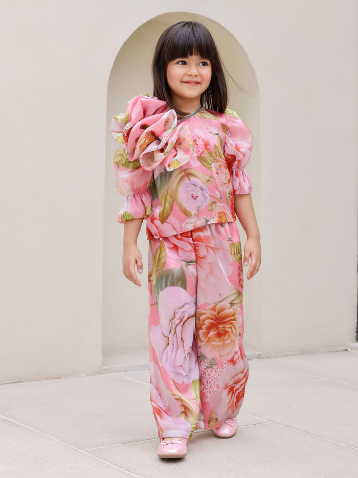 Sale JANAYAS CLOSET: Peach Flower Printed Co-Ord Set for Girls