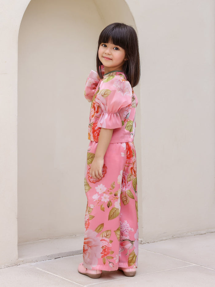 Sale JANAYAS CLOSET: Peach Flower Printed Co-Ord Set for Girls