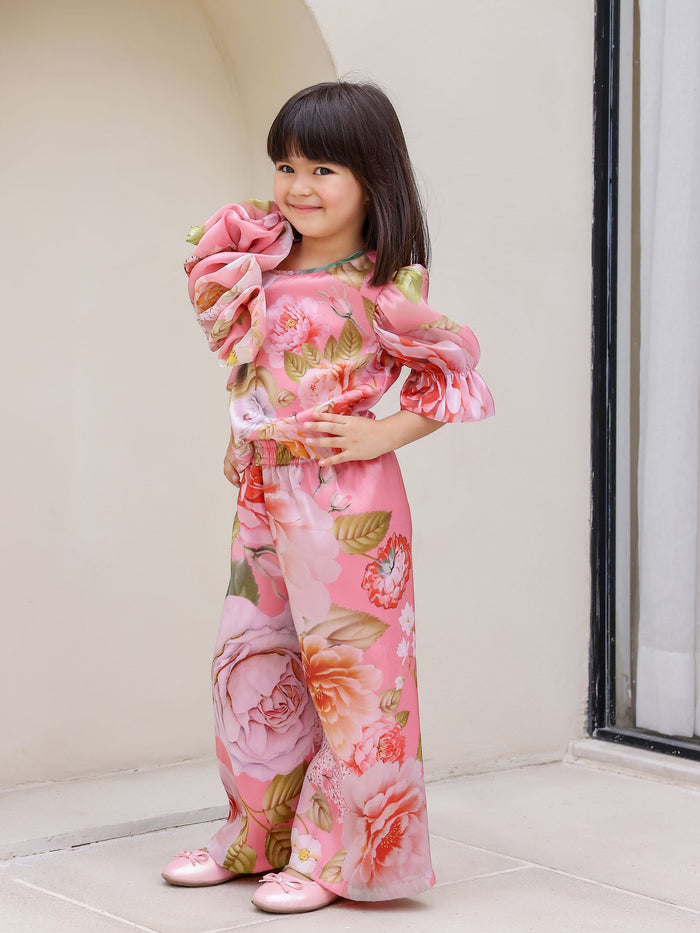 Sale JANAYAS CLOSET: Peach Flower Printed Co-Ord Set for Girls