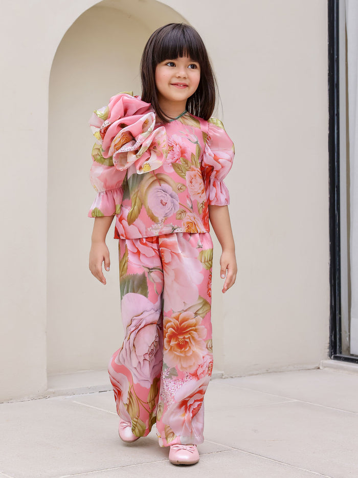 Sale JANAYAS CLOSET: Peach Flower Printed Co-Ord Set for Girls