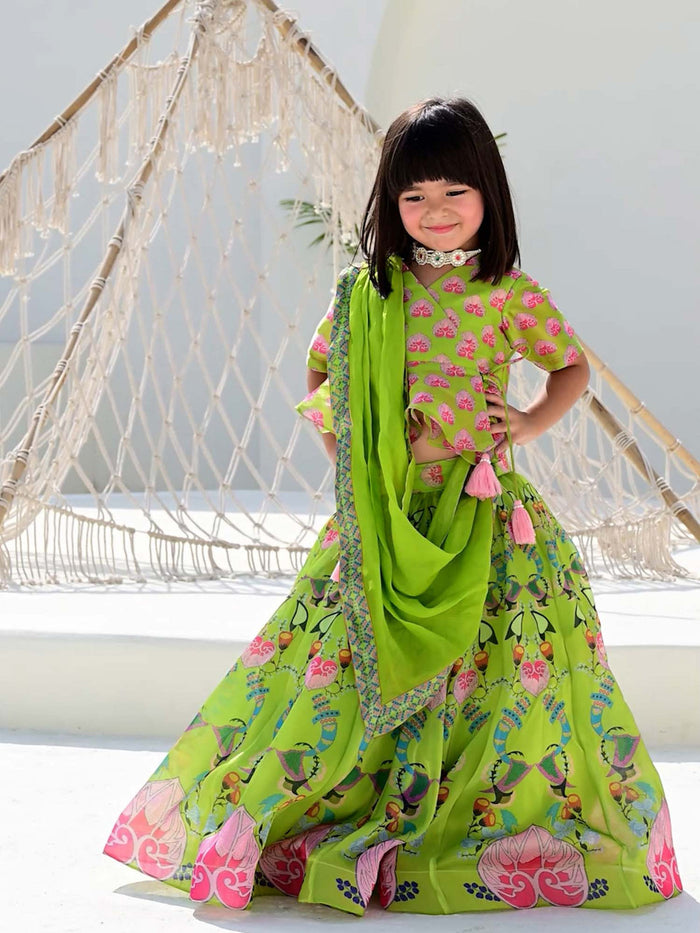 Sale JANYAS CLOSET Green Printed Lehenga Set with Peplum Top for Girls