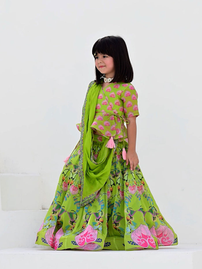 Sale JANYAS CLOSET Green Printed Lehenga Set with Peplum Top for Girls