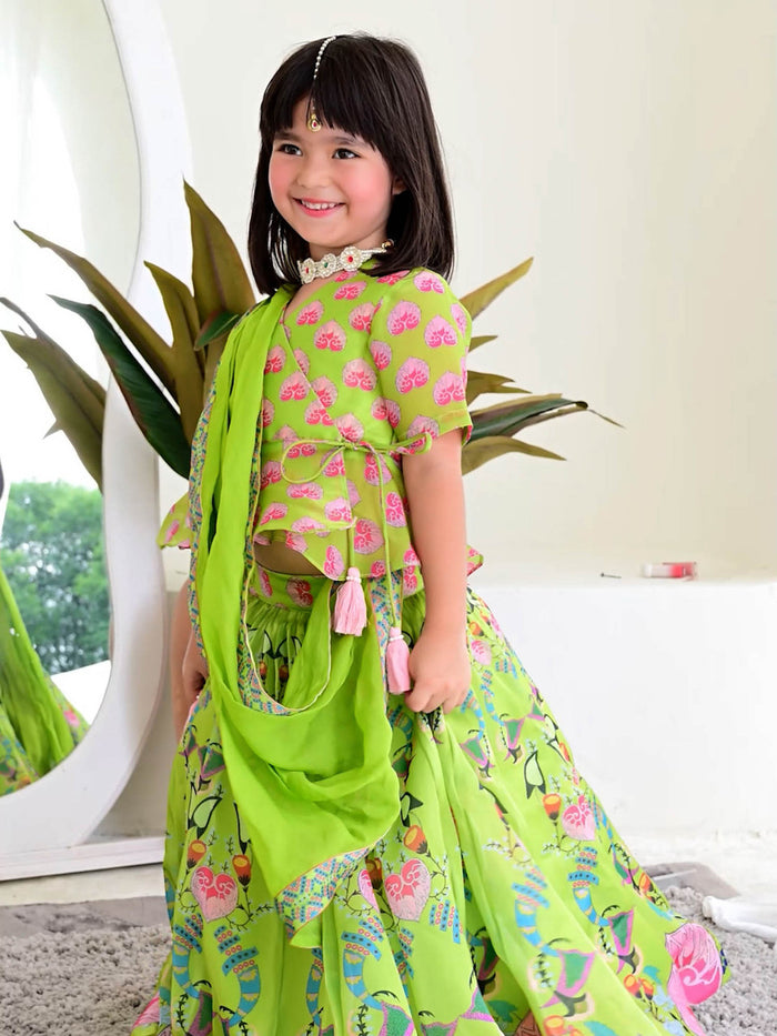 Sale JANYAS CLOSET Green Printed Lehenga Set with Peplum Top for Girls