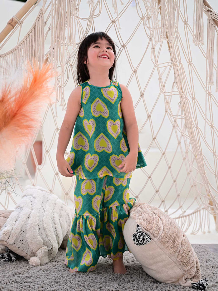 Sale JANYAS CLOSET Heart Print Green Sharara Set for Girls