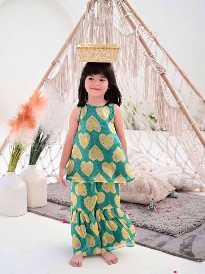 Sale JANYAS CLOSET Heart Print Green Sharara Set for Girls