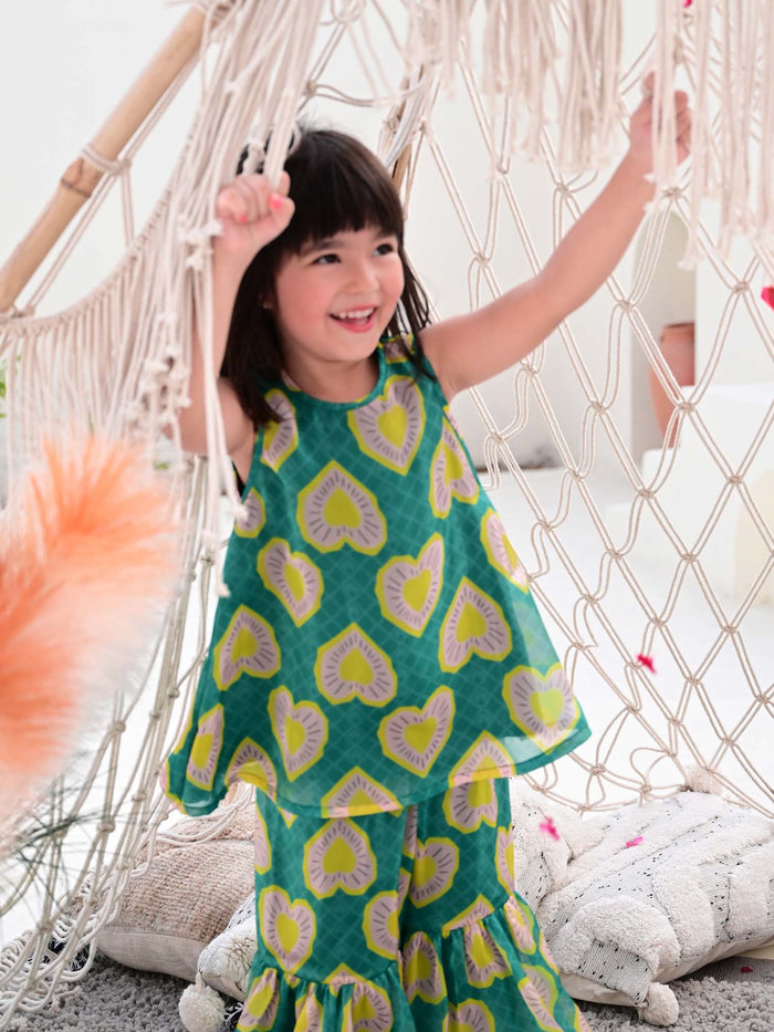 Sale JANYAS CLOSET Heart Print Green Sharara Set for Girls