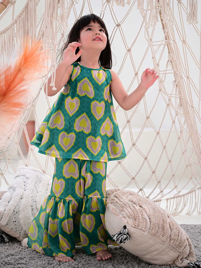 Sale JANYAS CLOSET Heart Print Green Sharara Set for Girls