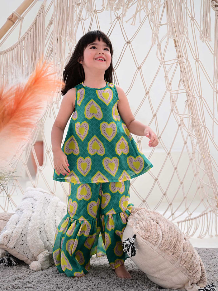 Sale JANYAS CLOSET Heart Print Green Sharara Set for Girls