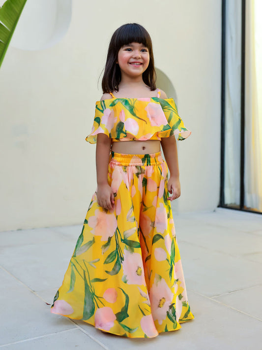 Sale JANYAS CLOSET Yellow Floral Print Palazzo Set for Girls