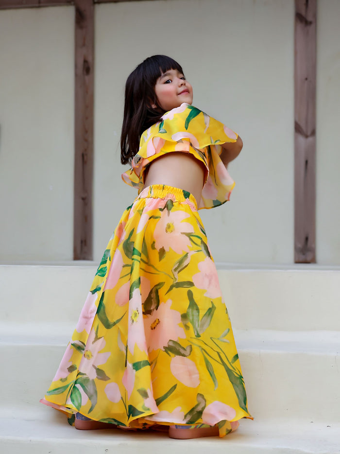 Sale JANYAS CLOSET Yellow Floral Print Palazzo Set for Girls