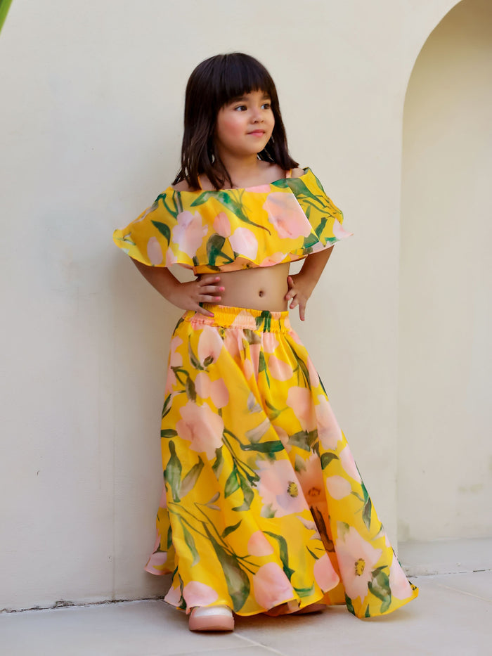 Sale JANYAS CLOSET Yellow Floral Print Palazzo Set for Girls