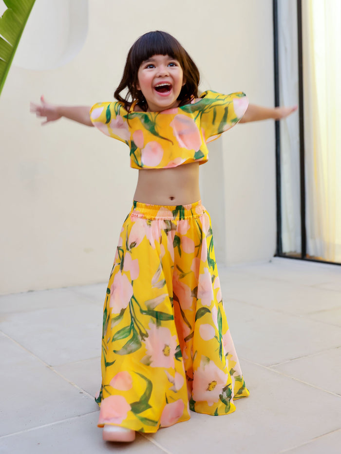 Sale JANYAS CLOSET Yellow Floral Print Palazzo Set for Girls