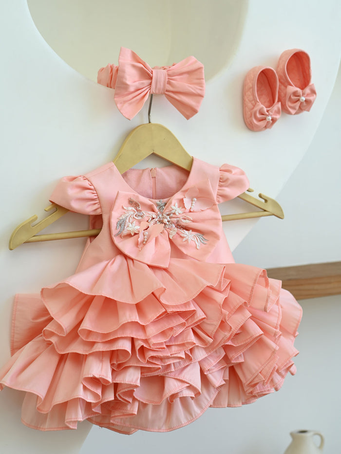 Sale New Born Peach Taffeta Ruffle Dress without set