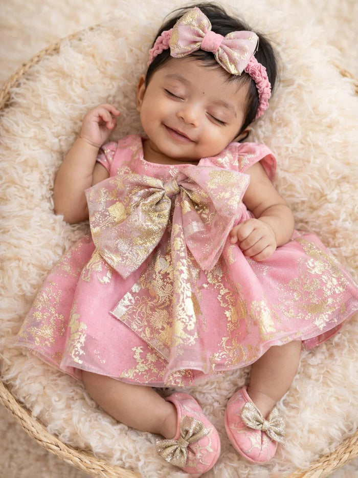 Sale New Born Pink Foil Organza Bow Dress without hair accessory & booties