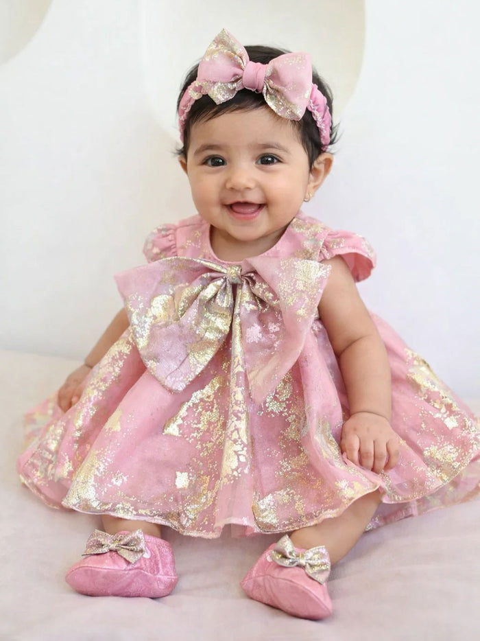 Sale New Born Pink Foil Organza Bow Dress without hair accessory & booties