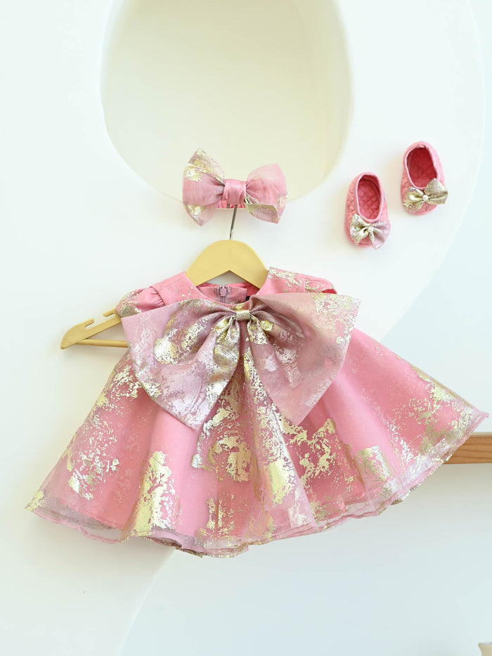 Sale New Born Pink Foil Organza Bow Dress without hair accessory & booties