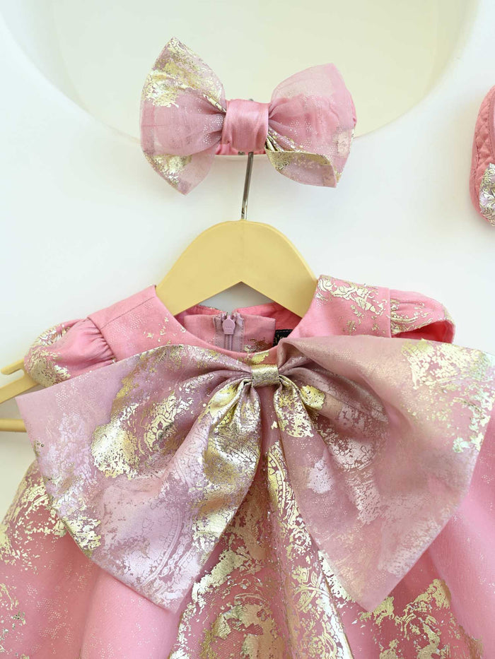Sale New Born Pink Foil Organza Bow Dress without hair accessory & booties